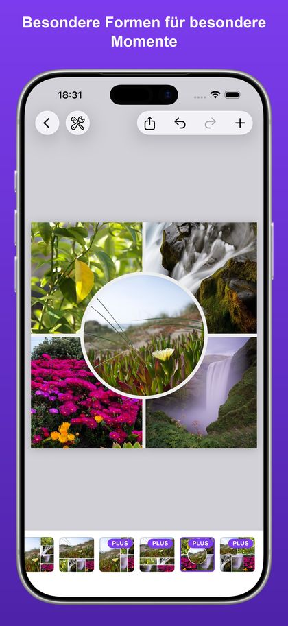 Tilelily-Editor mit einer quadratischen Collage aus fünf Fotos, in deren Mitte eine runde Kachel sitzt.